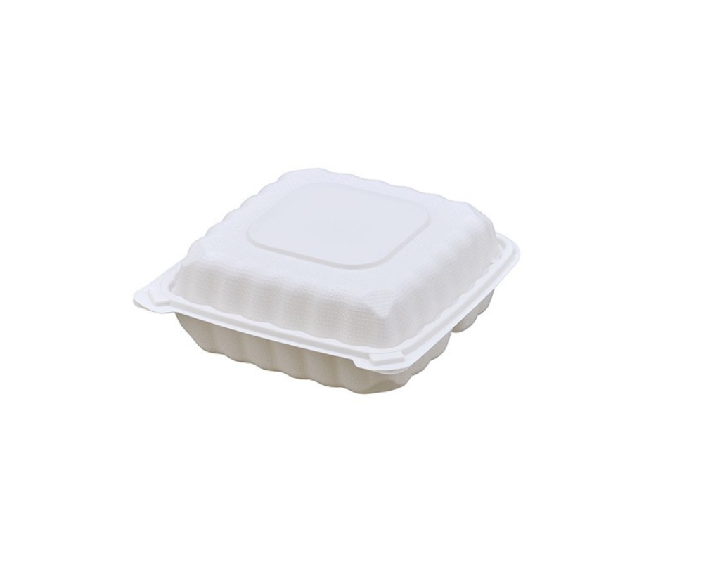 LC-83 (2)-Photoroom 8″ x 8″ 3-Compartment Microwaveable White Mineral-Filled Plastic Hinged Take-Out Container - Image 2
