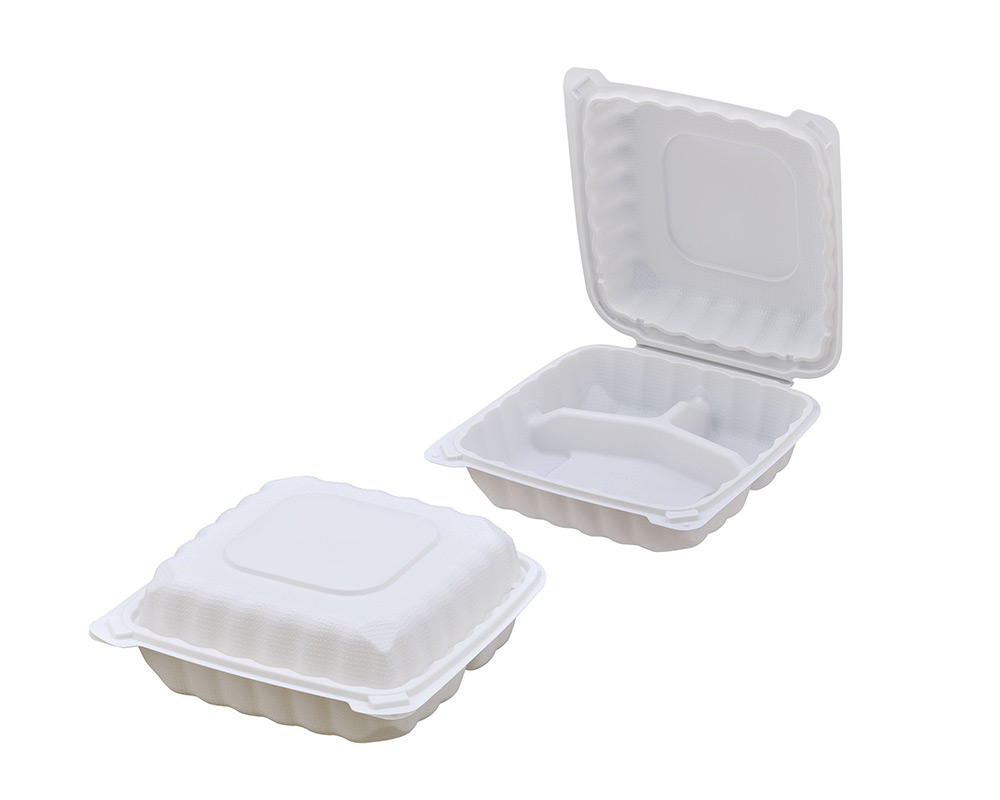 LC-83 8″ x 8″ 3-Compartment Microwaveable White Mineral-Filled Plastic Hinged Take-Out Container - Image 3