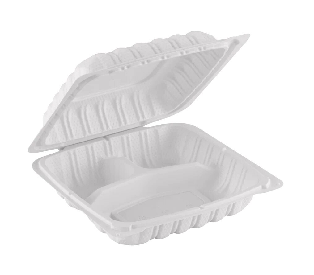 zoho_img_5892498000000761827 8″ x 8″ 3-Compartment Microwaveable White Mineral-Filled Plastic Hinged Take-Out Container - Image 1