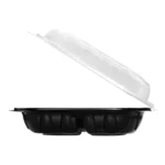 9″ x 10″ Microwaveable 3-Compartment Black / Clear Hinged Container - Image 2