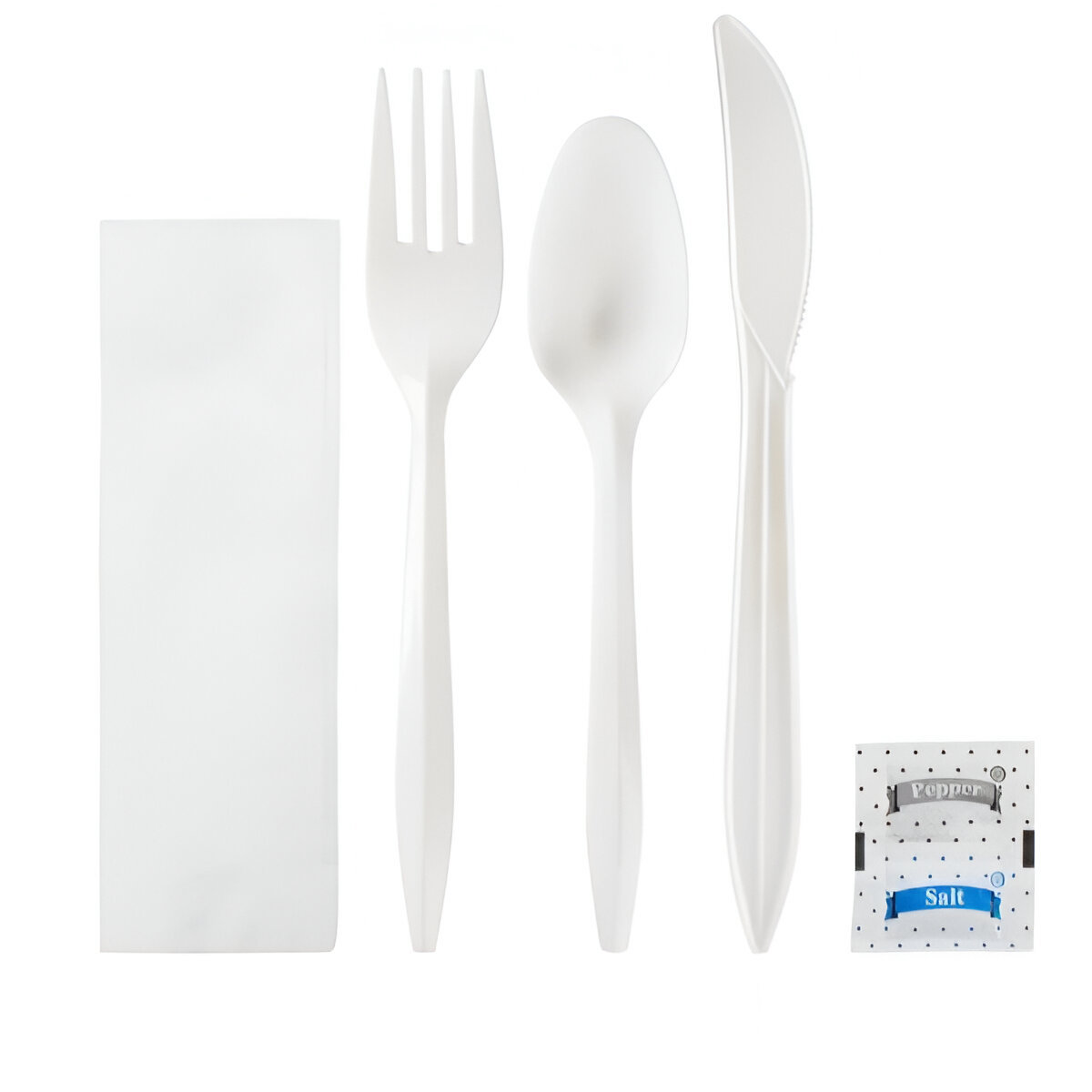 SY-6IN1K25-W Medium Weight Wrapped White Plastic Cutlery Pack with Napkin, Salt, and Pepper Packets - Image 1