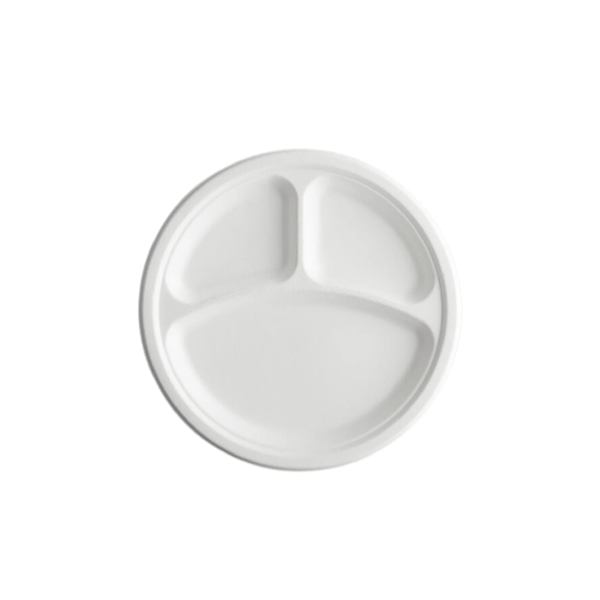 YP093 9″ 3-Compartment Compostable Bagasse Round Plate, PFAS Free, White - Image 1