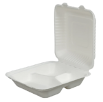 8″ x 8″ Compostable Bagasse Hinged 3-Compartment Containers, PFAS Free, White