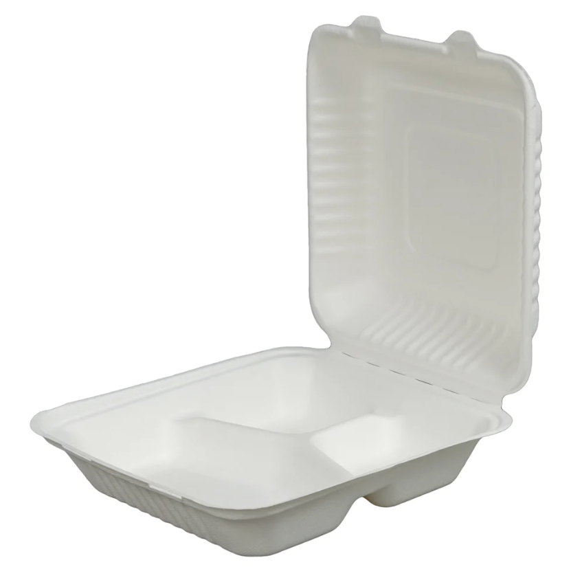 zoho_img_5892498000000810695 8″ x 8″ Compostable Bagasse Hinged 3-Compartment Containers, PFAS Free, White - Image 1