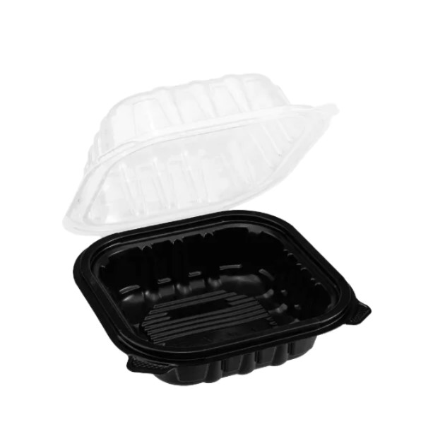 zoho_img_5892498000006354466 8″ x 8″ x 3″ Microwaveable 1-Compartment Black Container with Clear Hinged Vented Lid - Image 1