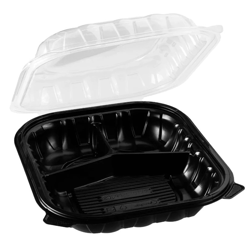 zoho_img_5892498000006354542 9″ x 10″ Microwaveable 3-Compartment Black / Clear Hinged Container - Image 1