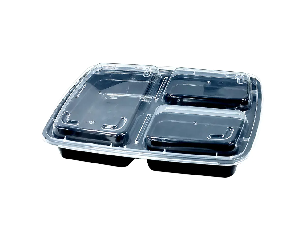 zoho_img_5892498000000810103 39 oz. Black 3-Compartment Rectangular Microwaveable Take-Out Container with Lid - Image 1