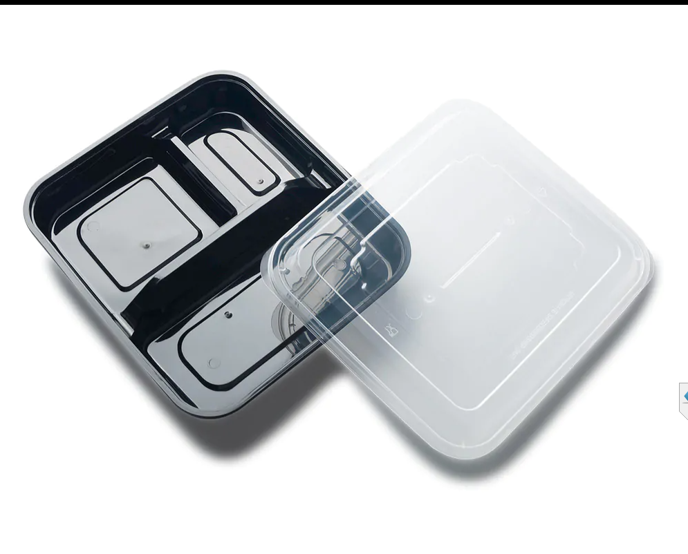 zoho_img_5892498000000810160 34 oz. Black 3-Compartment Rectangular Microwaveable Take-Out Container with Lid - Image 1