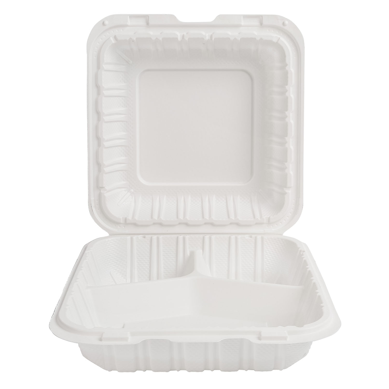L8750210 (2) EcoSystems 8″ x 8″ 3-Compartment Microwaveable MFPP Hinged Take-Out Container, White - Image 2