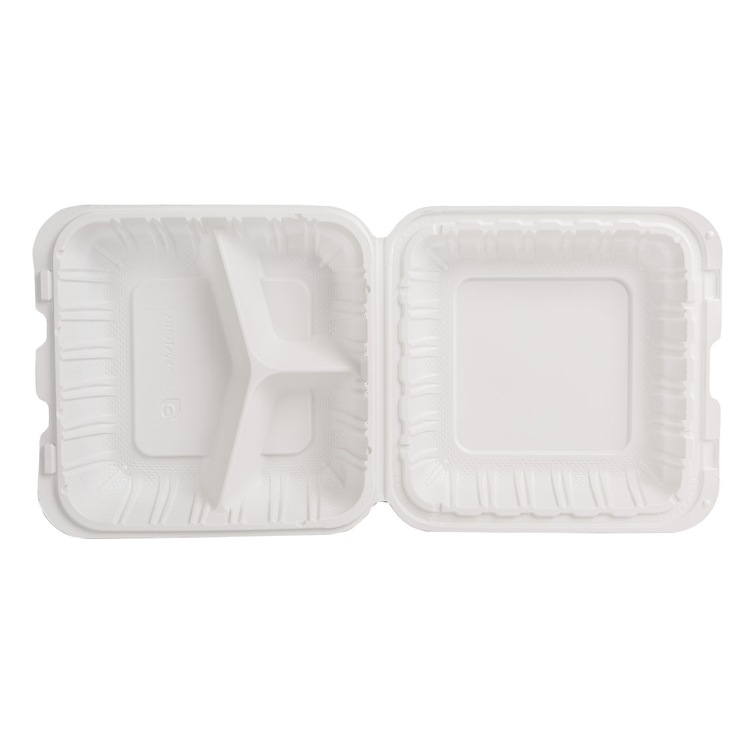 L8750210 (3) EcoSystems 8″ x 8″ 3-Compartment Microwaveable MFPP Hinged Take-Out Container, White - Image 3