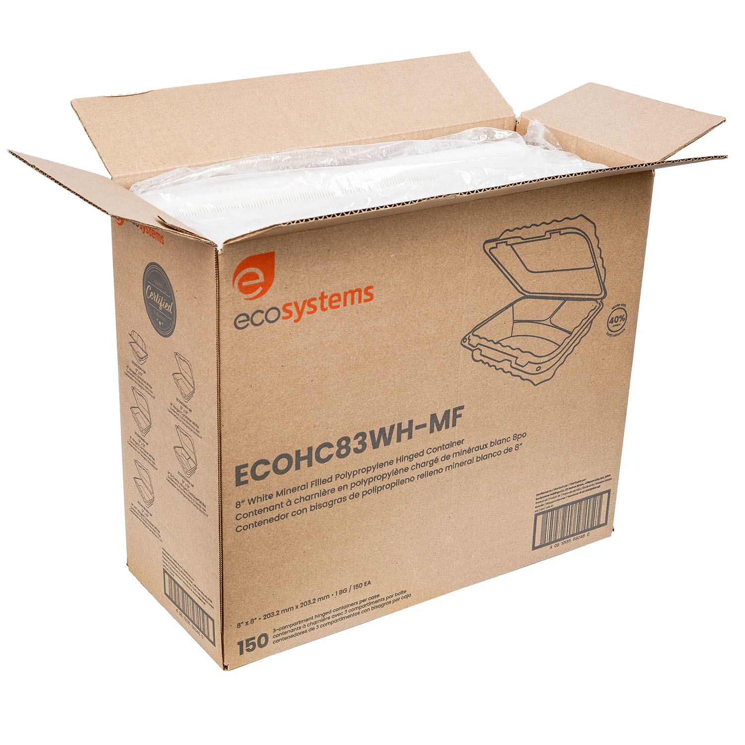 L8750210 (4) EcoSystems 8″ x 8″ 3-Compartment Microwaveable MFPP Hinged Take-Out Container, White - Image 4