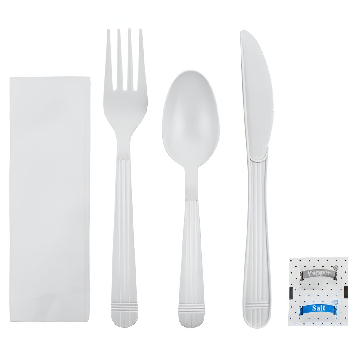zoho_img_5892498000000114152 Heavy Weight White 6-Piece Plastic Cutlery Kit with Fork, Knife, Teaspoon, Napkin, Salt & Pepper - Image 1