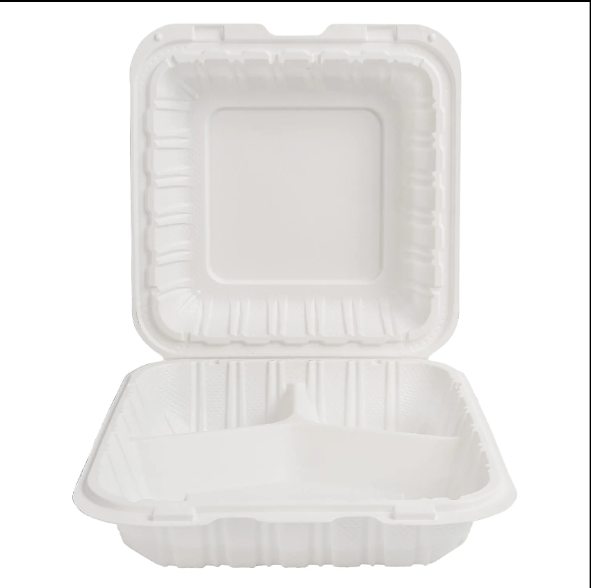 zoho_img_5892498000000991811 EcoSystems 8″ x 8″ 3-Compartment Microwaveable MFPP Hinged Take-Out Container, White - Image 1