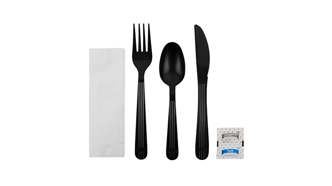 Heavy Weight Black 6-Piece Plastic Cutlery Kit with Fork, Knife, Teaspoon, Napkin, Salt & Pepper