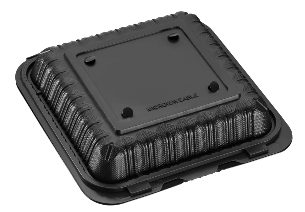 zoho_img_5892498000001191182 9″ x 9″ 1-Compartment Microwaveable MFPP Hinged Take-Out Container, Vented, Black - Image 1