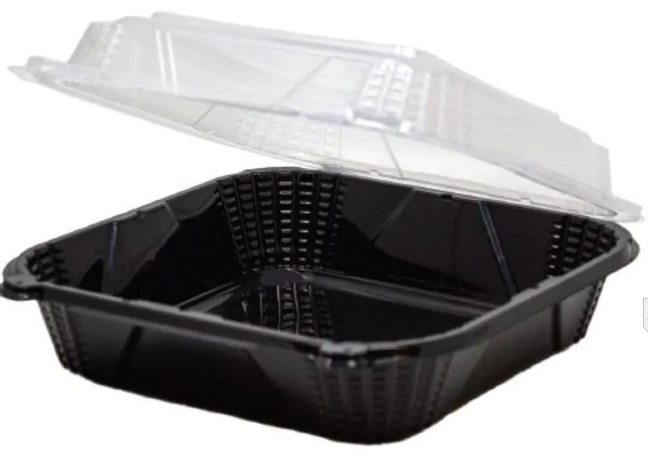 zoho_img_5892498000001256389 EcoSystems 8″ x 8″ x 3″ Polypropylene Black/Clear 3-Compartment Hinged Container - Image 1