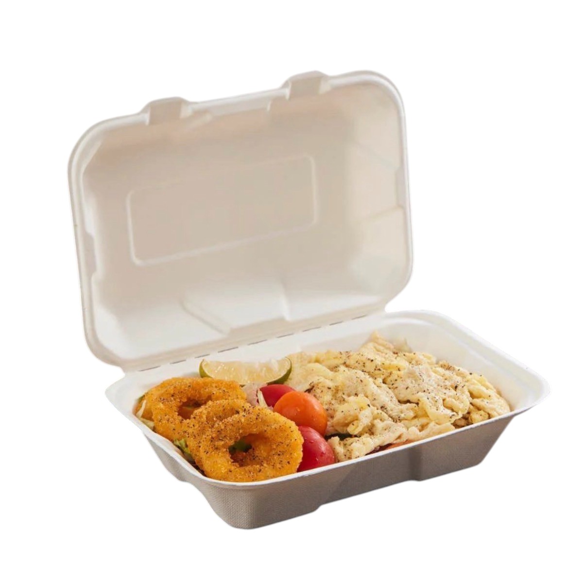 zoho_img_5892498000006630184 9″ x 6″ White Bagasse Take-Out Container, PFAS Free - Image 4