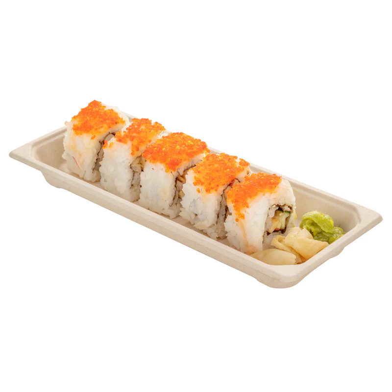 zoho_img_5892498000005987439 8.8" x 3.7" Bagasse Coated Sushi Tray with Lid - Image 1