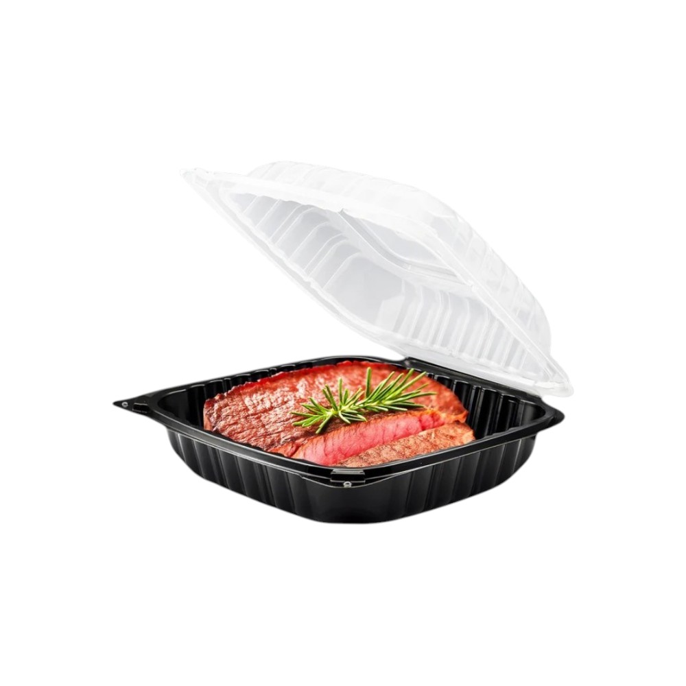 zoho_img_5892498000006346510 9″ x 9″ x 3″ Microwaveable 1-Compartment Black / Clear Hinged Container - Image 1