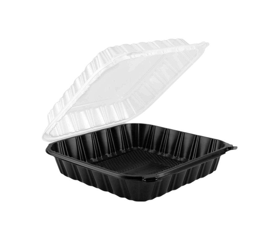 9″ x 9″ x 3″ Microwaveable 1-Compartment Black / Clear Hinged Container