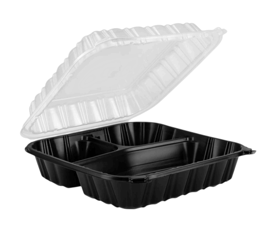 zoho_img_5892498000006469797 8″ x 8″ x 3″ Microwaveable 3-Compartment Black / Clear Hinged Container - Image 1