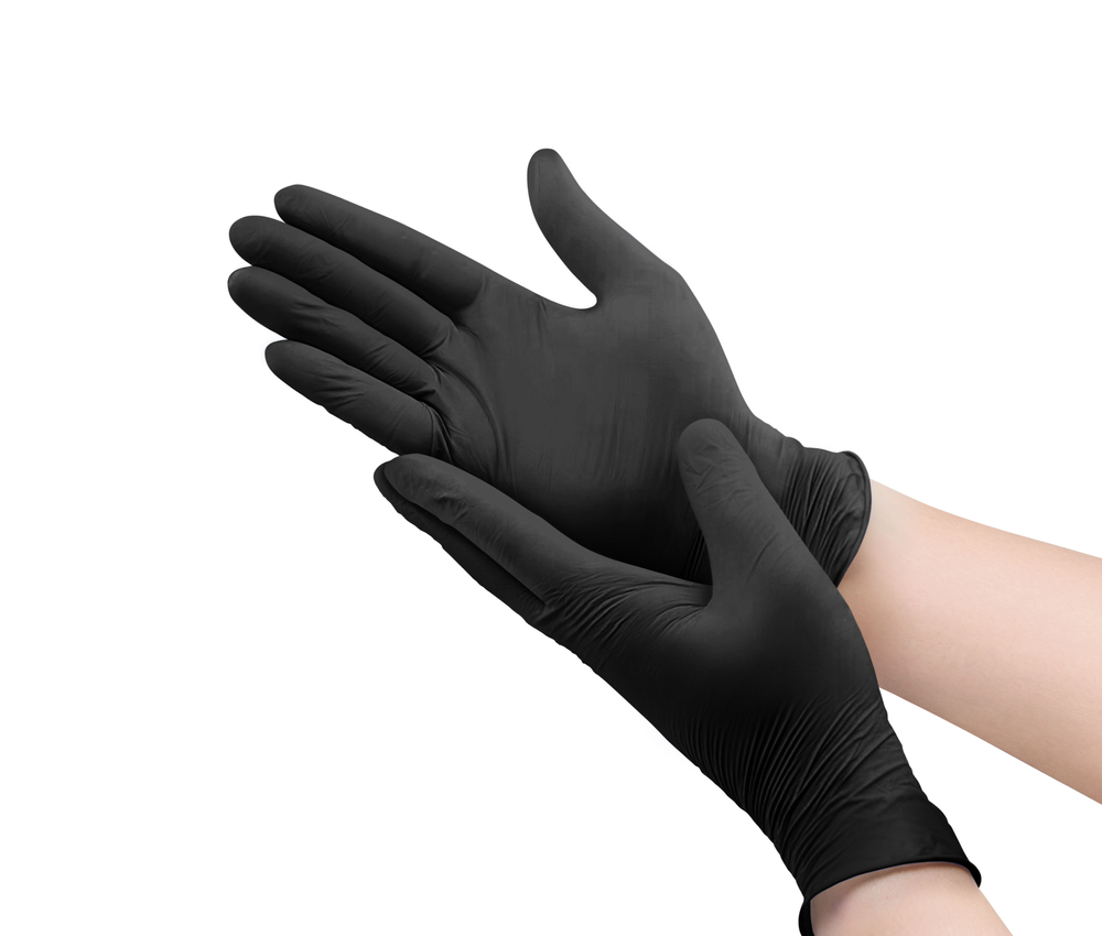 Two,Black,Surgical,Medical,Gloves,Isolated,On,White,Background,With Extra Large Black Nitrile Disposable Examination Gloves, 3.5 Mil - Image 1