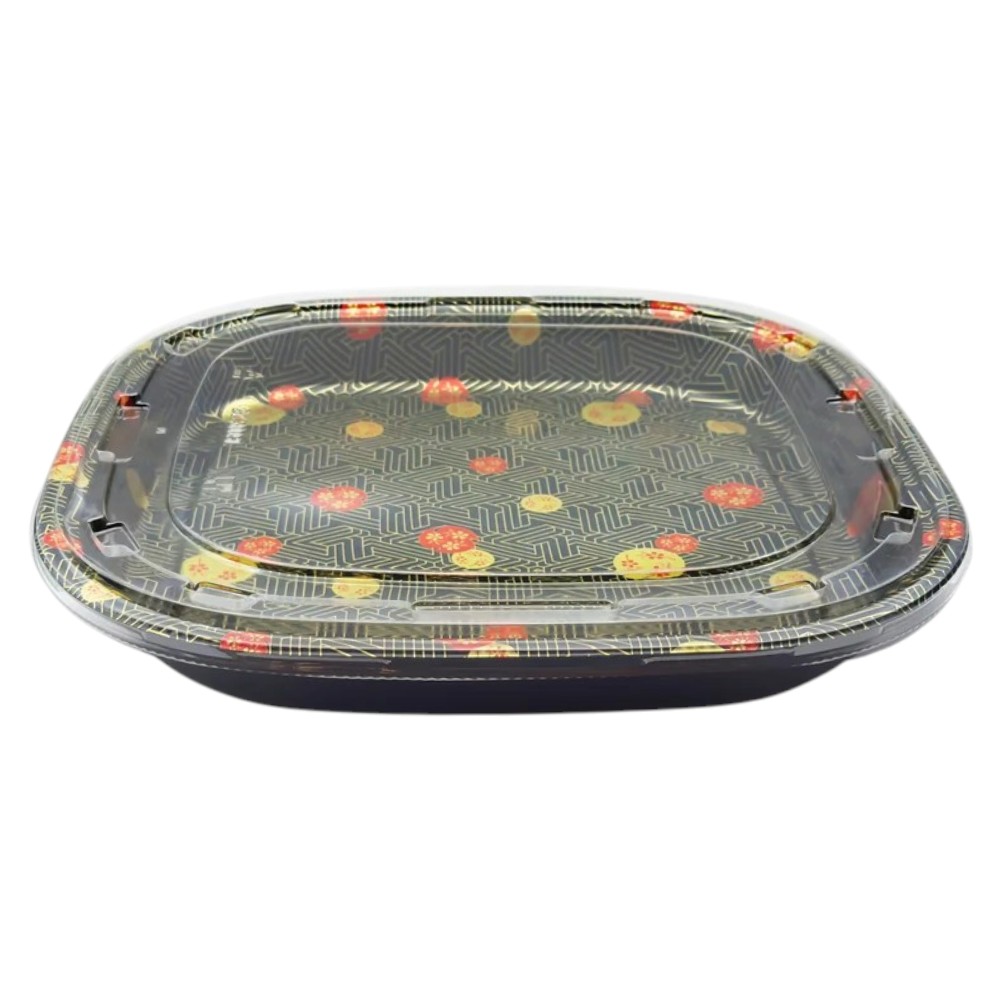 14.17″ × 14.17″ × 1.97″ Black Square Sushi Tray with Lid, Sakura Style